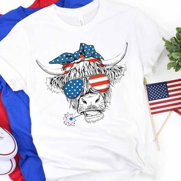 Oh My Stars Cow TShirt, Highland Cow shirt, Highland Cow With 4th July Tee - Picture 1 of 4